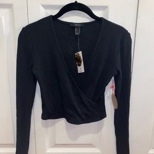 Black Ribbed Cropped Long Sleeve Wrap Top